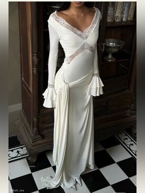 Meshki Ivory Lace-Trim Long Sleeve Maxi Dress